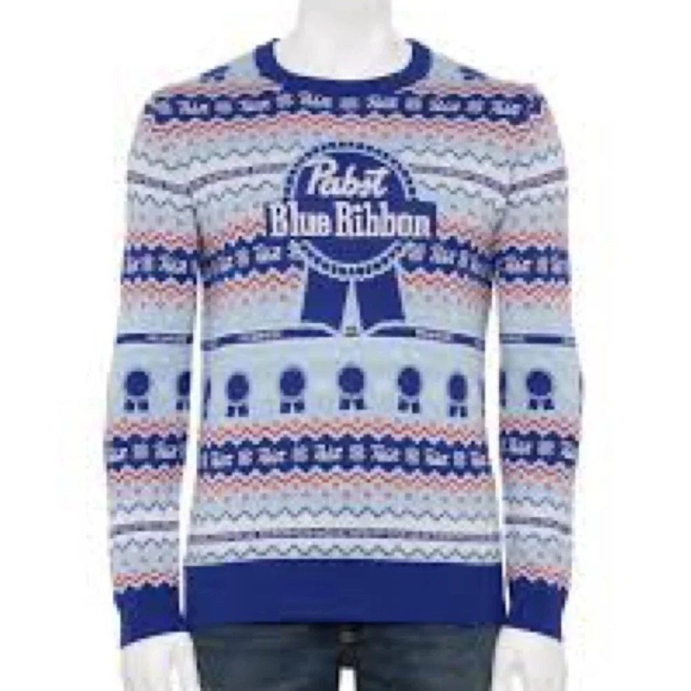Pabst Blue Ribbon PBR Christmas Sweater NEW Small Men’s Blue Beer